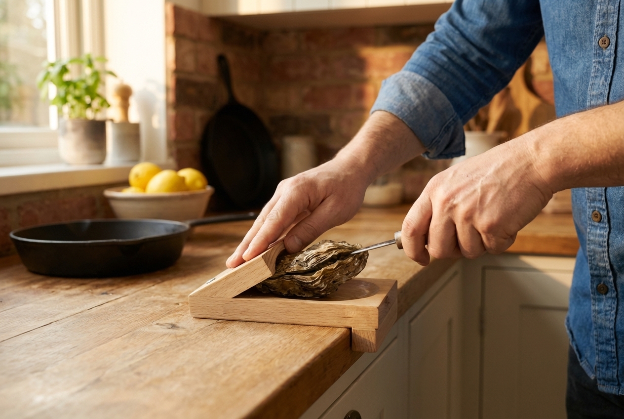OysterClamp in use — oyster locked in wooden block, hands safely away from blade