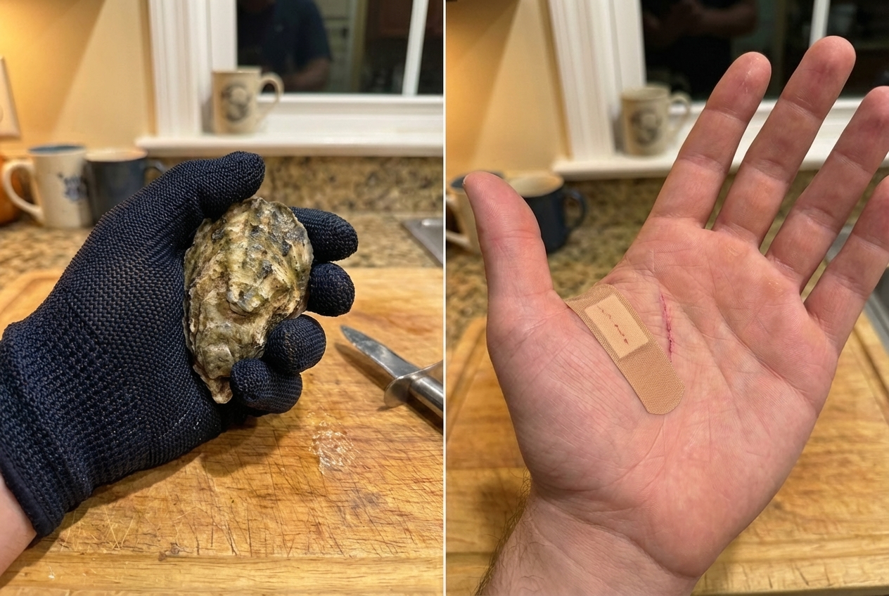 Left: protective glove gripping oyster. Right: bandaged palm from shucking injury