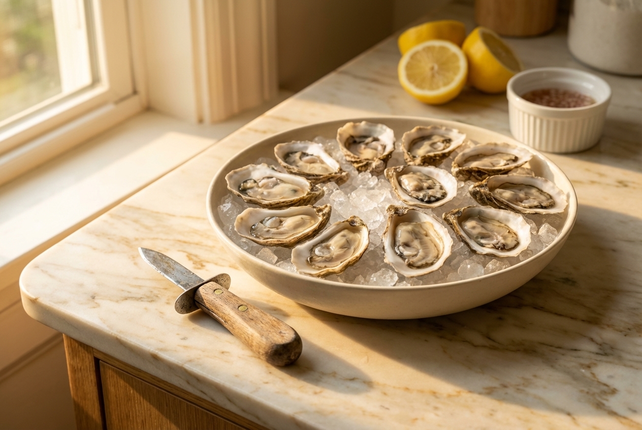 Fresh oysters on ice with shucking knife — warm kitchen lighting