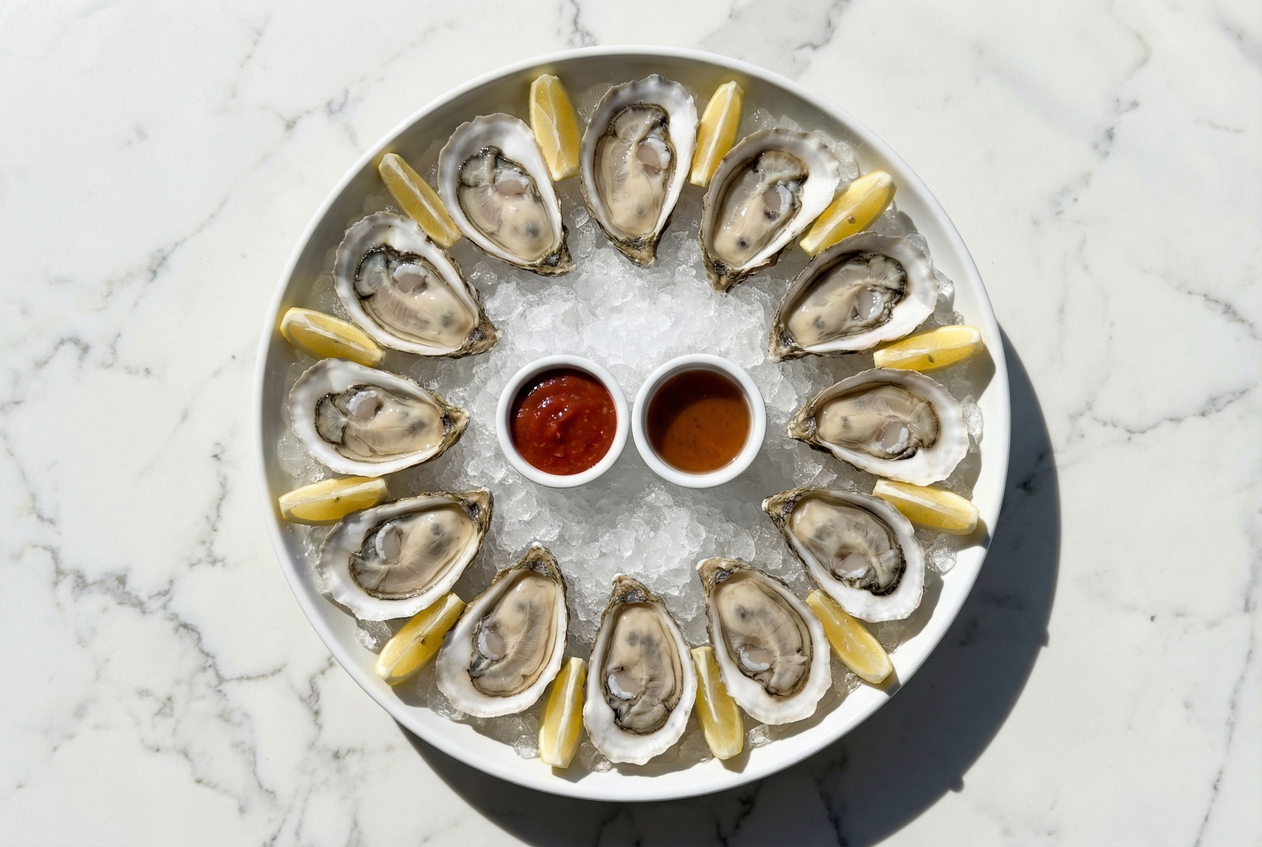 Perfectly shucked oysters arranged on ice platter with lemon wedges and sauces