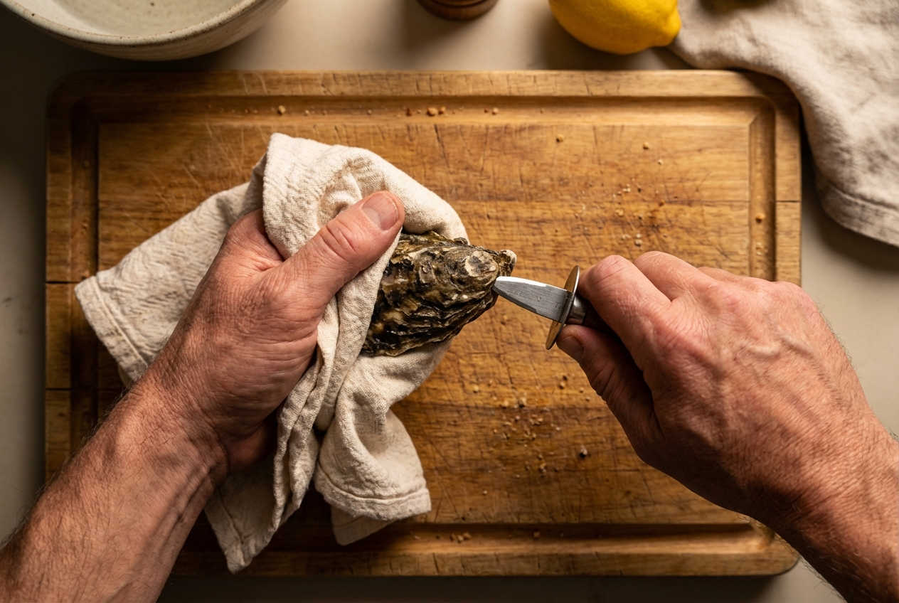 Traditional towel-and-knife oyster shucking method — blade pointed toward palm